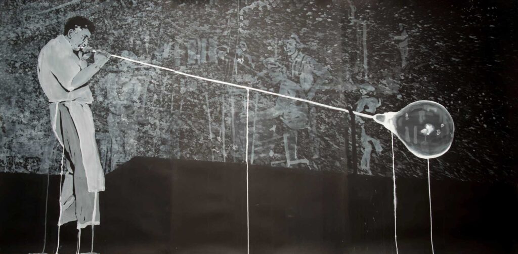 המנפח (טריפטיך), 2025. צבעי מים על נייר כותנה, 113X228 סמ